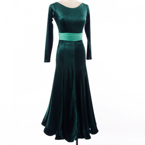 Dark green black velvet long sleeves ballroom dance dress for women female stage performance backless standard foxtrot waltz tango dance dress